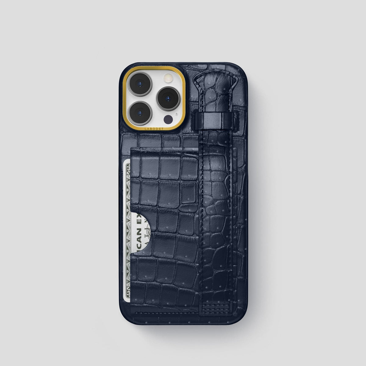 Deep Blue Sea iPhone 15 Pro Cardholder Strap Case Porosus Crocodile with Gold Metal -1 | Deep-Blue-Sea-Gold