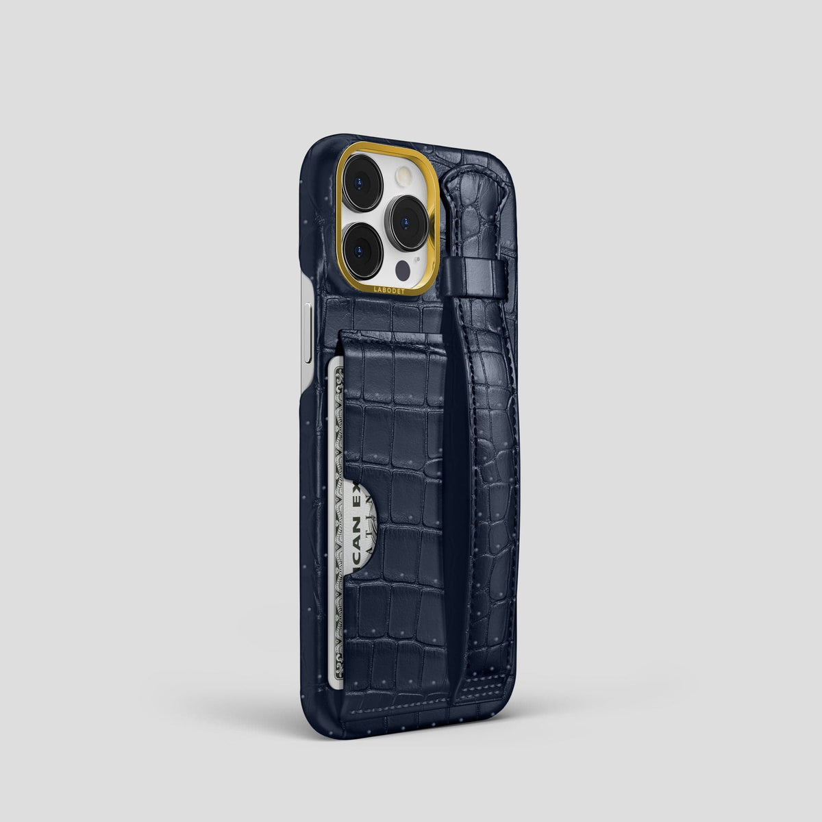 Deep Blue Sea iPhone 15 Pro Cardholder Strap Case Porosus Crocodile with Gold Metal -2 | Deep-Blue-Sea-Gold