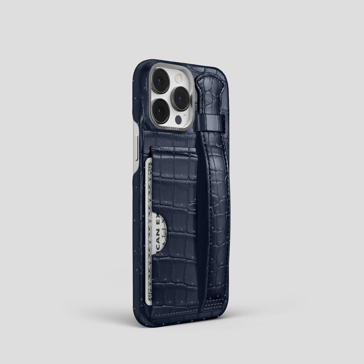 Deep Blue Sea iPhone 15 Pro Cardholder Strap Case Porosus Crocodile with Steel Metal -2 | Deep-Blue-Sea-Steel