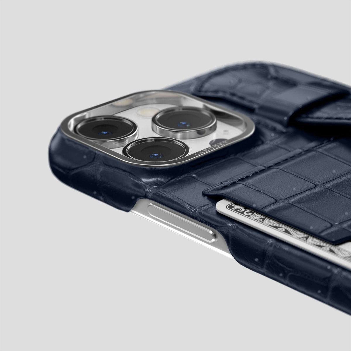 Deep Blue Sea iPhone 15 Pro Cardholder Strap Case Porosus Crocodile with Steel Metal -5 | Deep-Blue-Sea-Steel