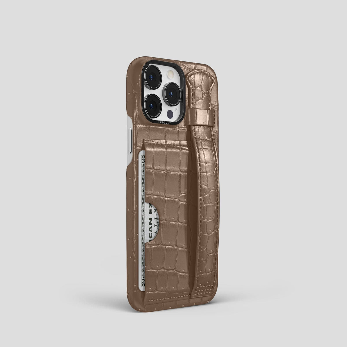 Fur-Brown iPhone 15 Pro Cardholder Strap Case Porosus Crocodile with Black Metal -2 | Fur-Brown-Black
