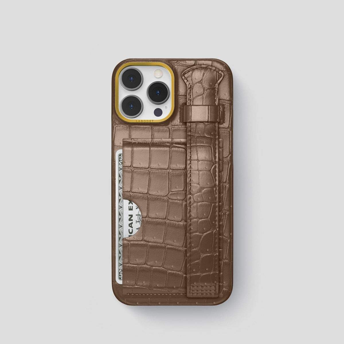 Fur-Brown iPhone 15 Pro Cardholder Strap Case Porosus Crocodile with Gold Metal -1 | Fur-Brown-Gold
