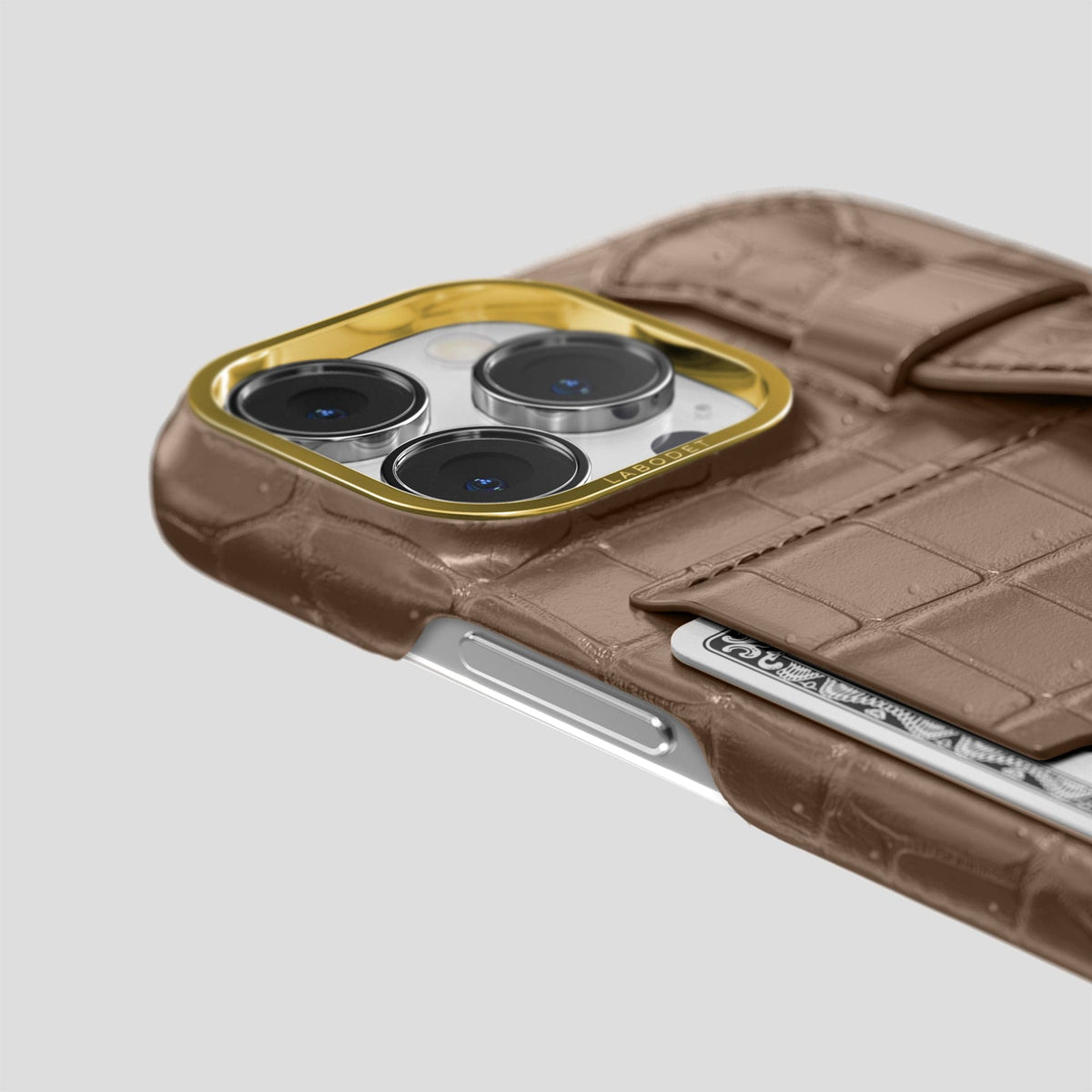 Fur-Brown iPhone 15 Pro Cardholder Strap Case Porosus Crocodile with Gold Metal -5 | Fur-Brown-Gold