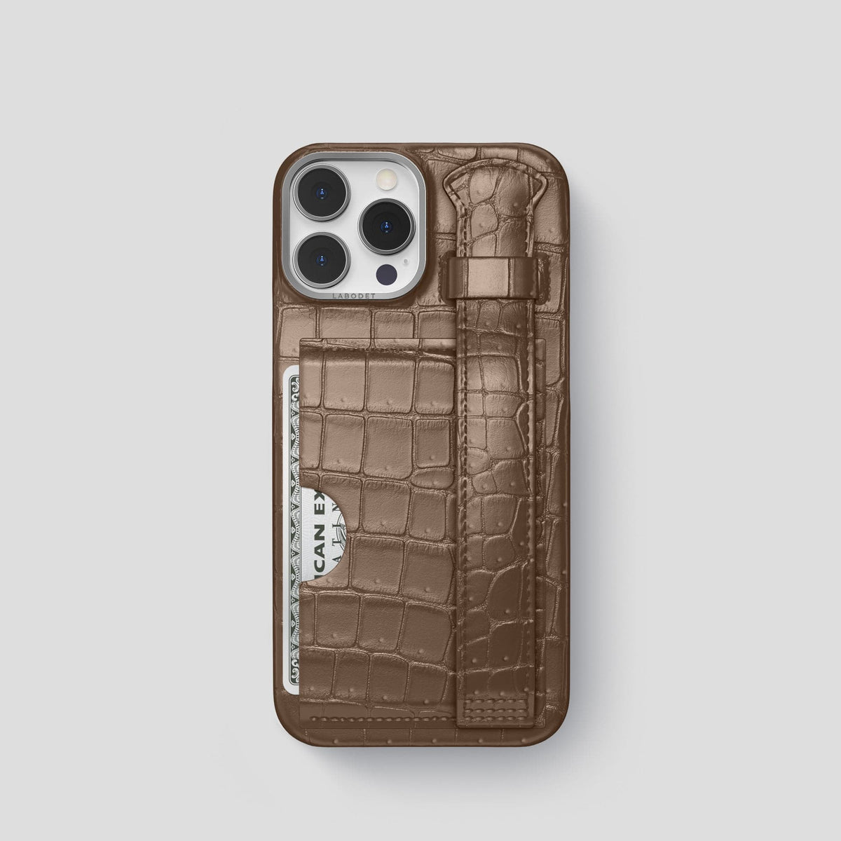 Fur-Brown iPhone 15 Pro Cardholder Strap Case Porosus Crocodile with Steel Metal -1 | Fur-Brown-Steel