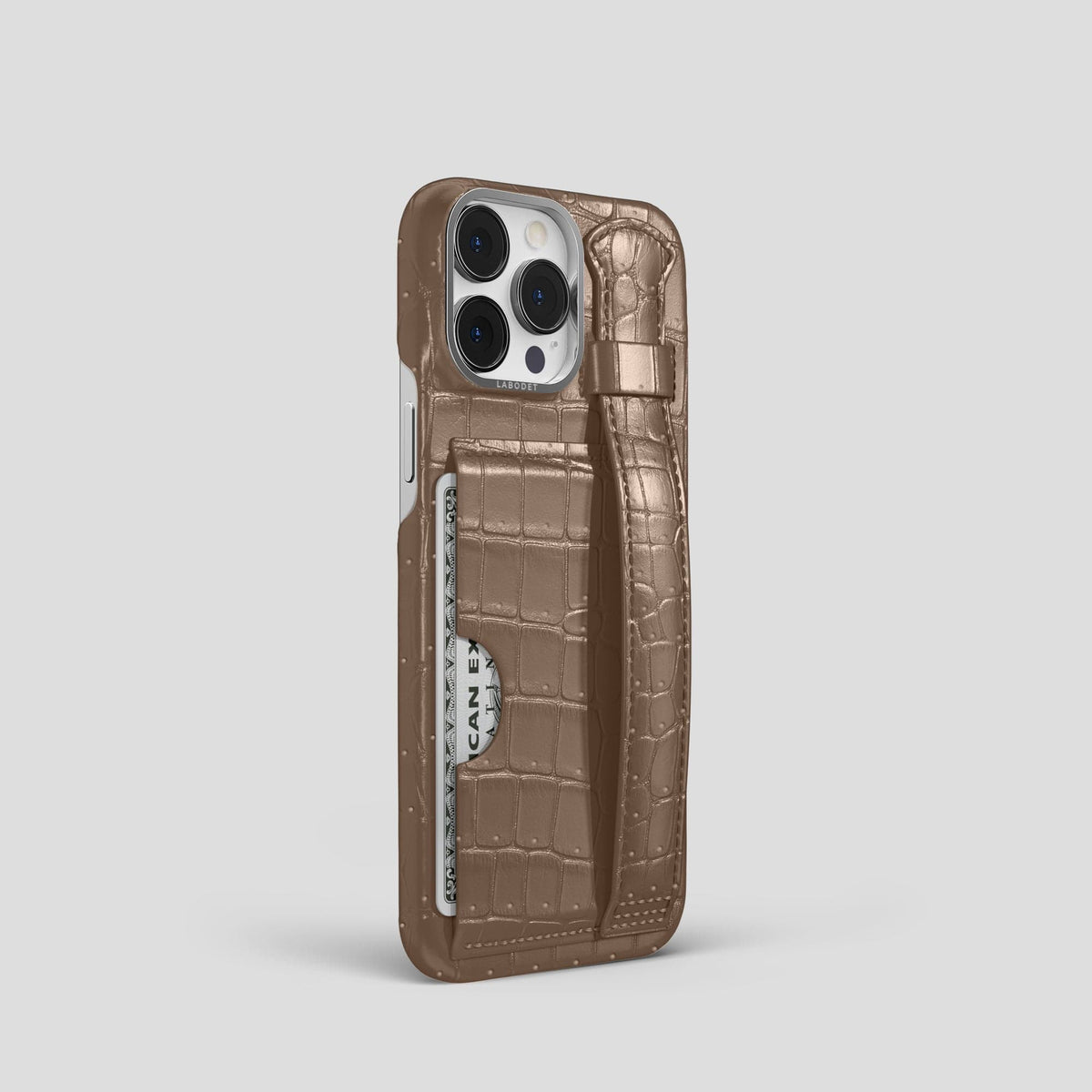 Fur-Brown iPhone 15 Pro Cardholder Strap Case Porosus Crocodile with Steel Metal -2 | Fur-Brown-Steel