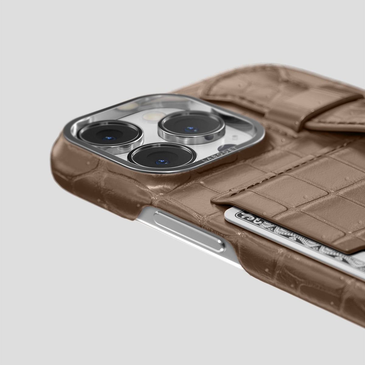 Fur-Brown iPhone 15 Pro Cardholder Strap Case Porosus Crocodile with Steel Metal -5 | Fur-Brown-Steel