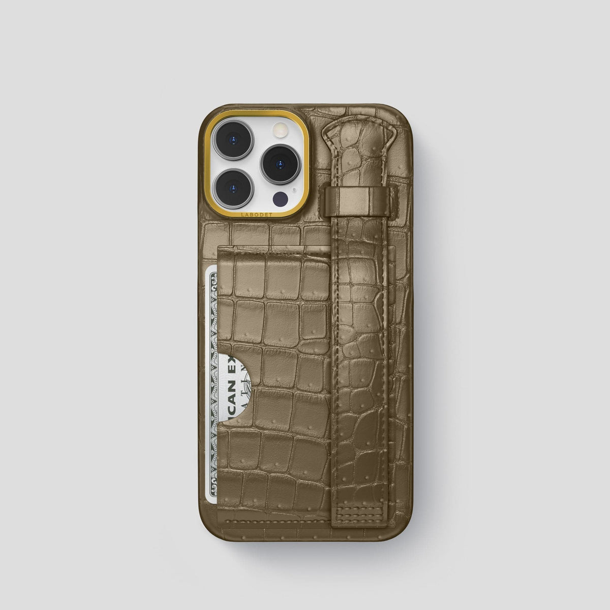 Kaki-Green iPhone 15 Pro Cardholder Strap Case Porosus Crocodile with Gold Metal -1 | Kaki-Green-Gold