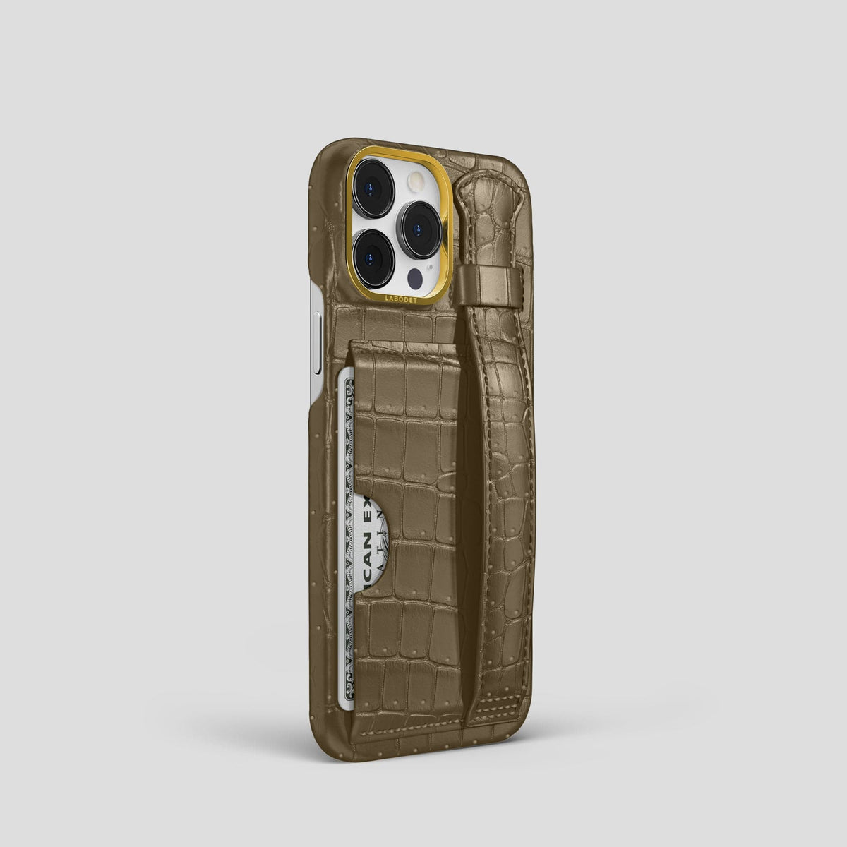 Kaki-Green iPhone 15 Pro Cardholder Strap Case Porosus Crocodile with Gold Metal -2 | Kaki-Green-Gold