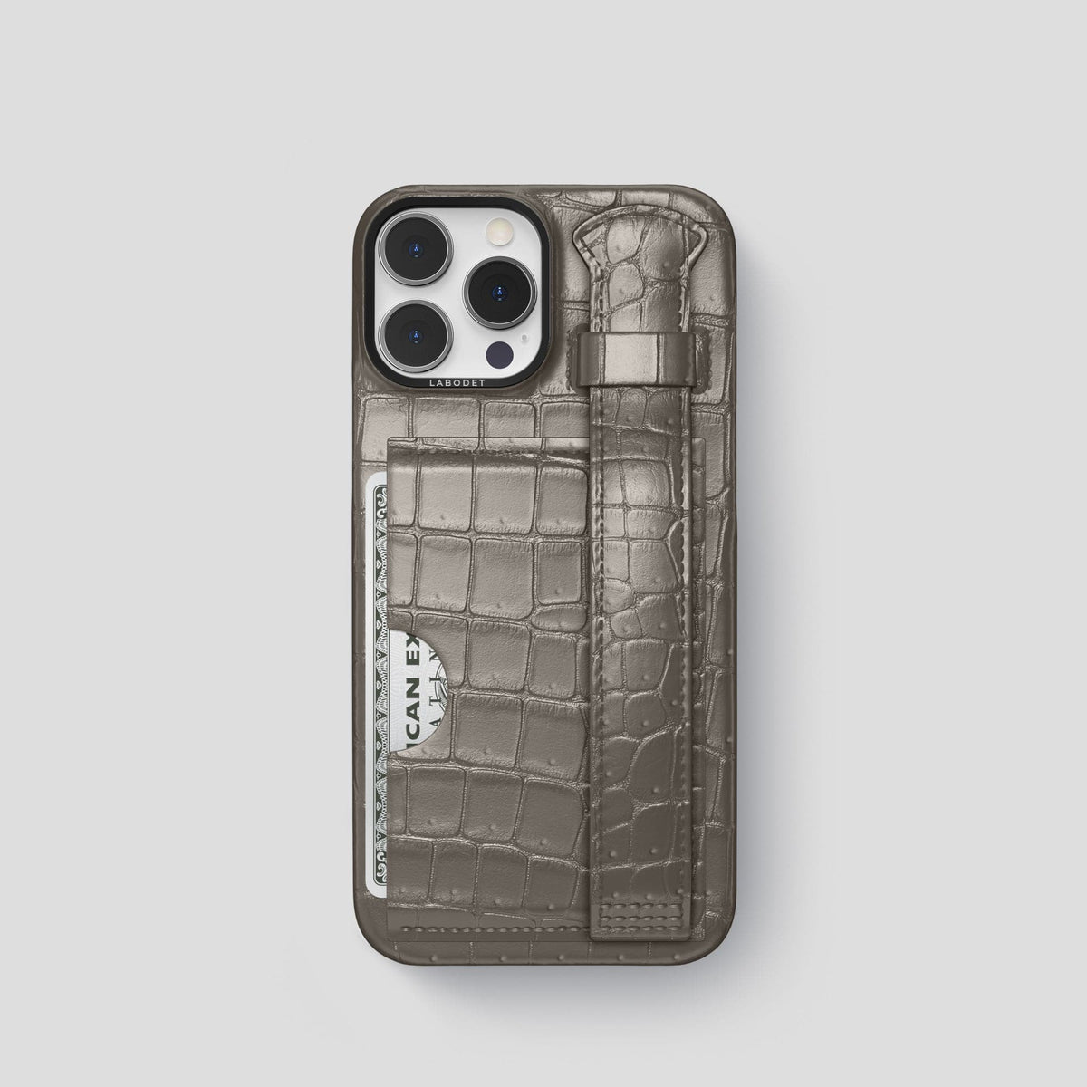 Lava-Stone iPhone 15 Pro Cardholder Strap Case Porosus Crocodile with Black Metal -1 | Lava-Stone-Black