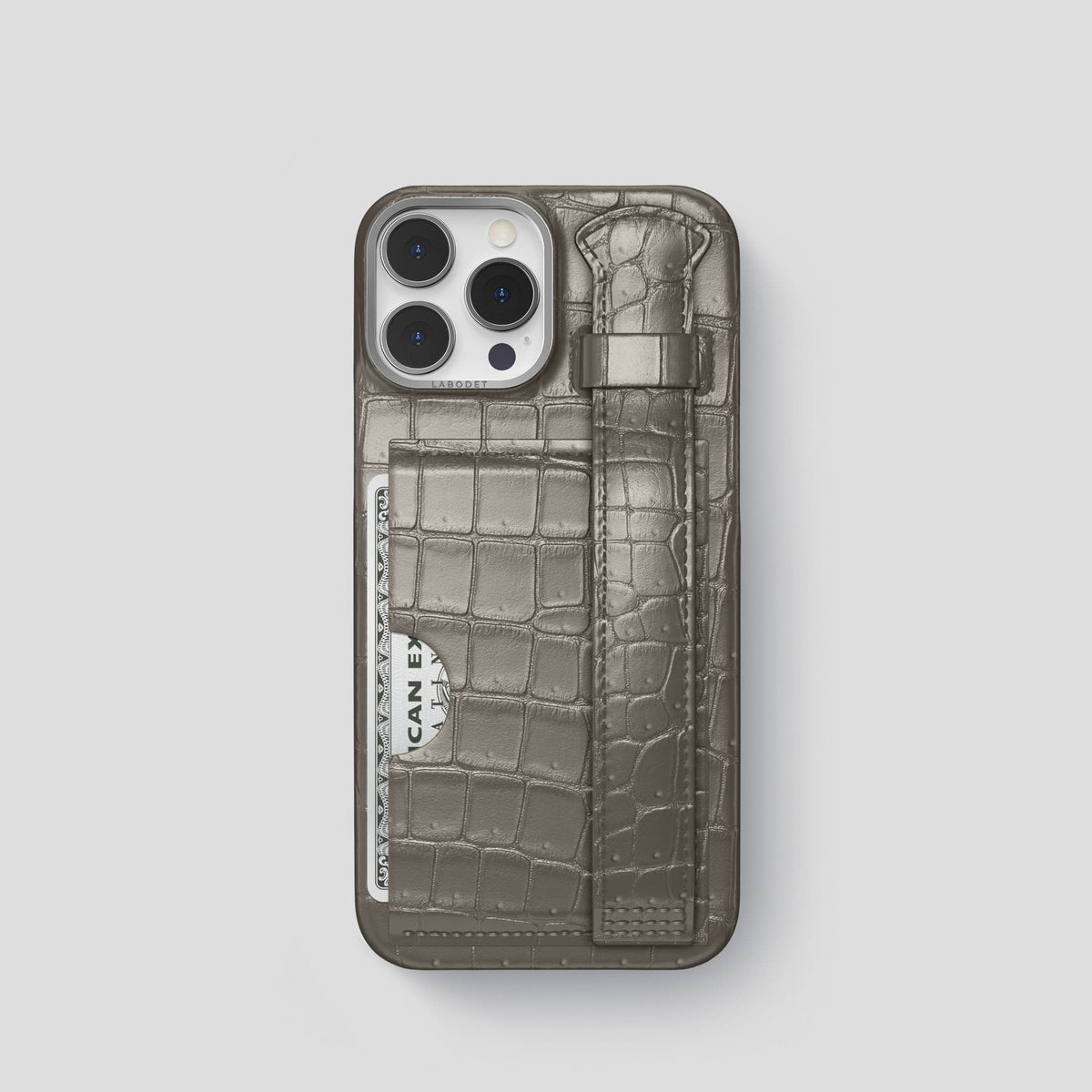 Lava-Stone iPhone 15 Pro Cardholder Strap Case Porosus Crocodile with Steel Metal -1 | Lava-Stone-Steel