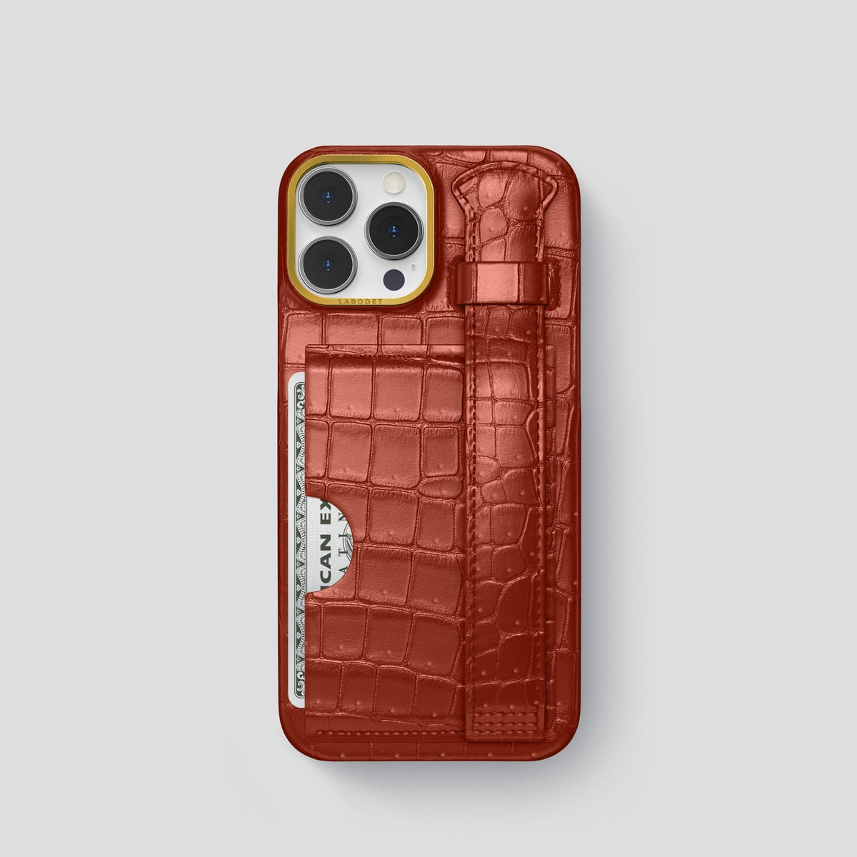 Mahogany-Brown iPhone 15 Pro Cardholder Strap Case Porosus Crocodile with Gold Metal -1 | Mahogany-Brown-Gold