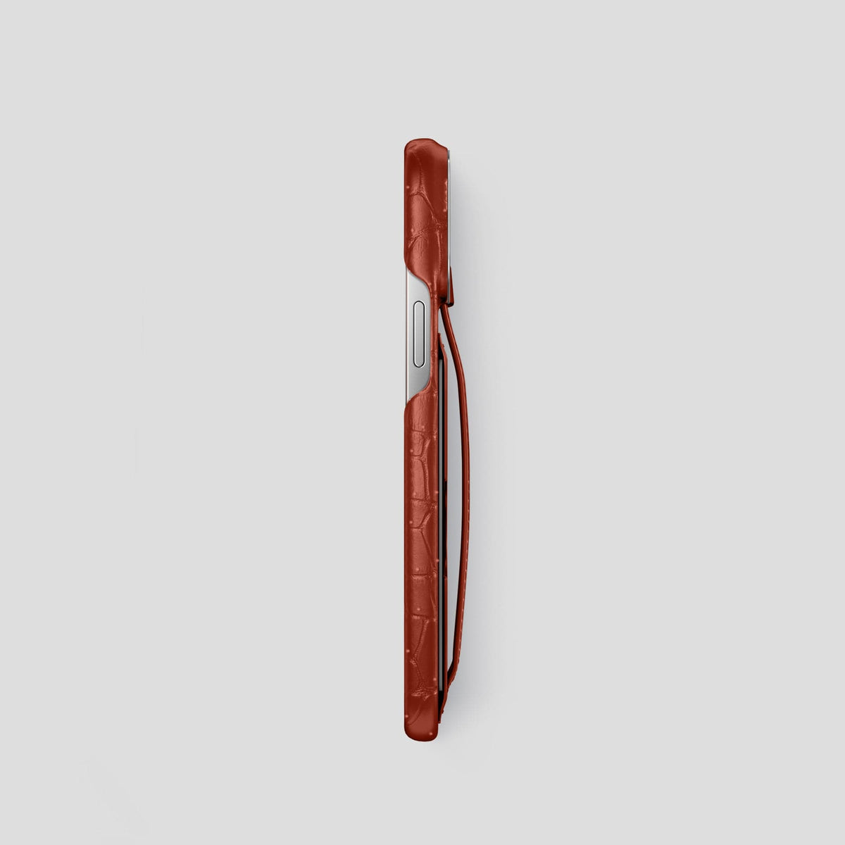 Mahogany-Brown iPhone 15 Pro Cardholder Strap Case Porosus Crocodile with Steel Metal -3 | Mahogany-Brown-Steel