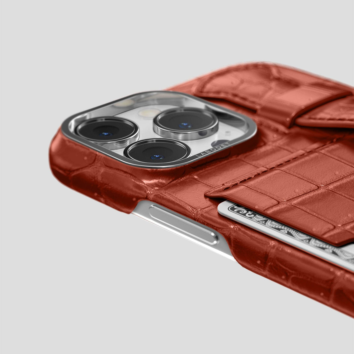 Mahogany-Brown iPhone 15 Pro Cardholder Strap Case Porosus Crocodile with Steel Metal -5 | Mahogany-Brown-Steel