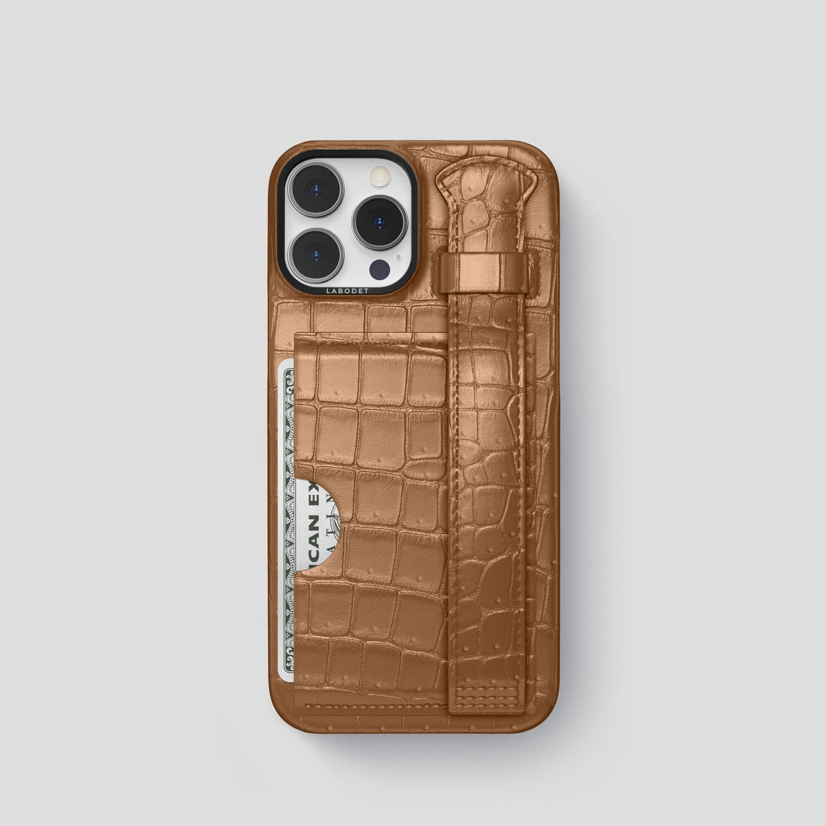 Milk-Chocolate iPhone 15 Pro Cardholder Strap Case Porosus Crocodile with Black Metal -1 | Milk-Chocolate-Black