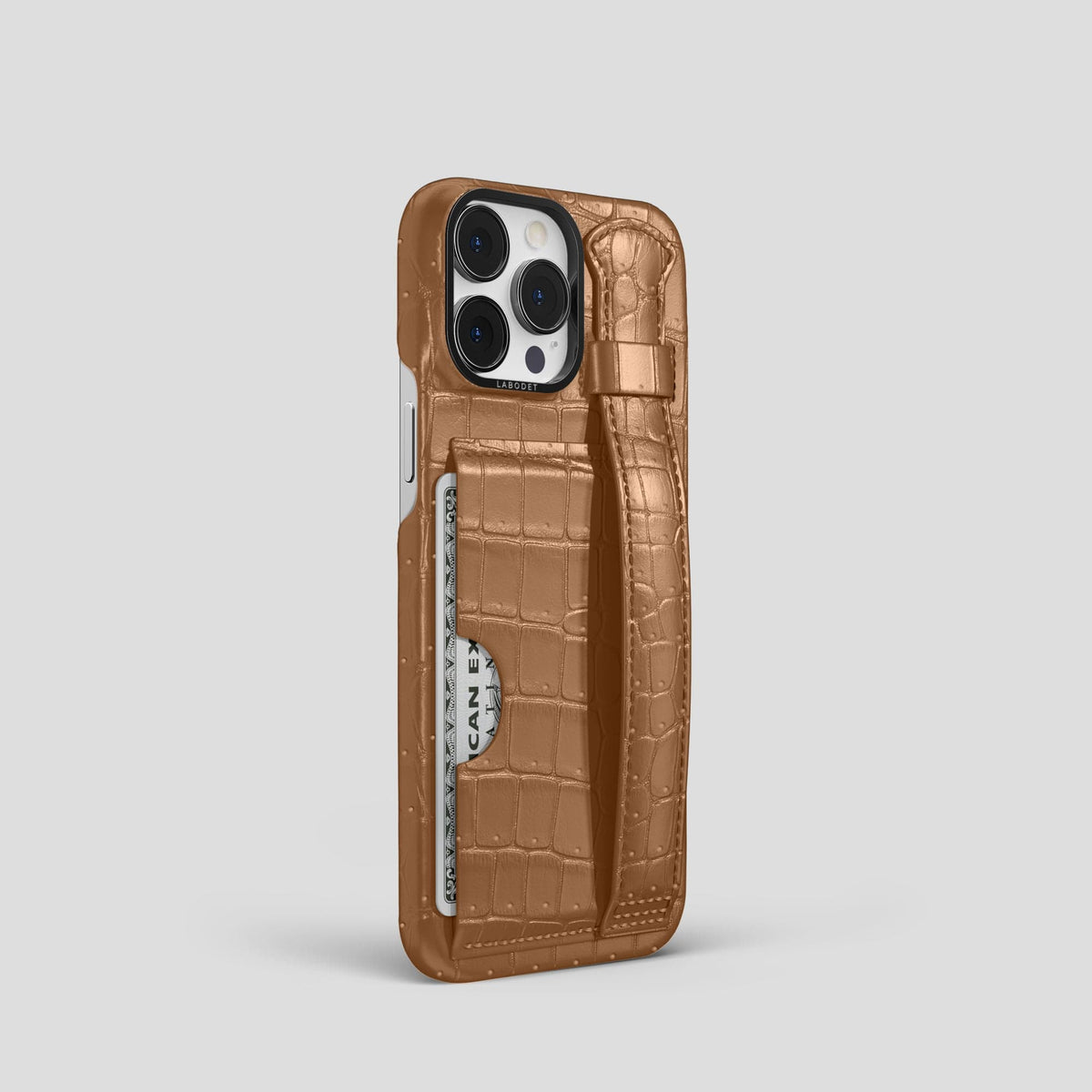 Milk-Chocolate iPhone 15 Pro Cardholder Strap Case Porosus Crocodile with Black Metal -2 | Milk-Chocolate-Black