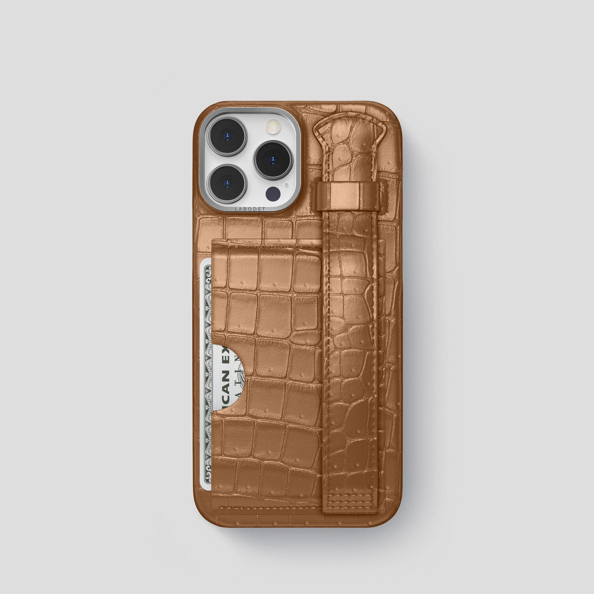 Milk-Chocolate iPhone 15 Pro Cardholder Strap Case Porosus Crocodile with Steel Metal -1 | Milk-Chocolate-Steel