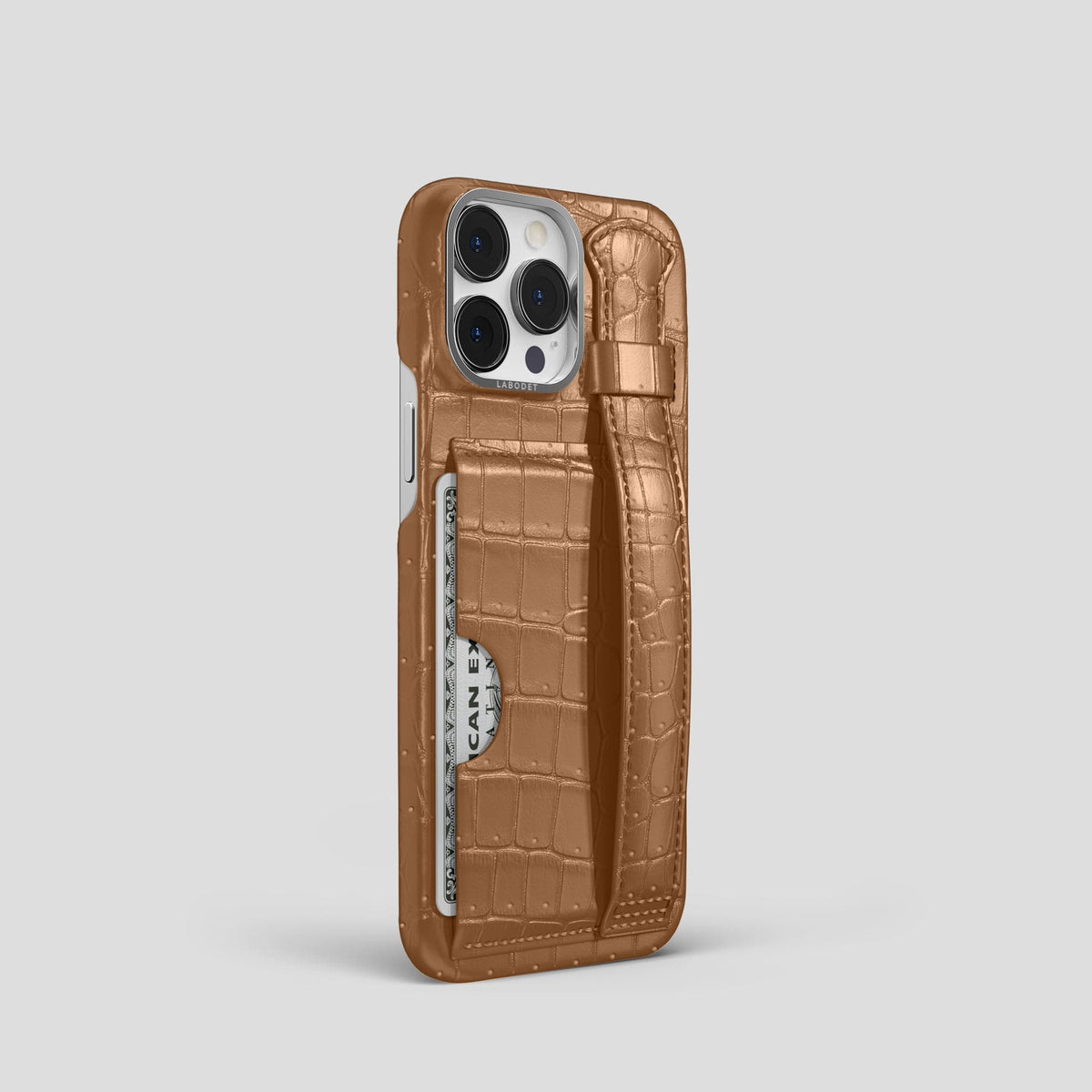 Milk-Chocolate iPhone 15 Pro Cardholder Strap Case Porosus Crocodile with Steel Metal -2 | Milk-Chocolate-Steel