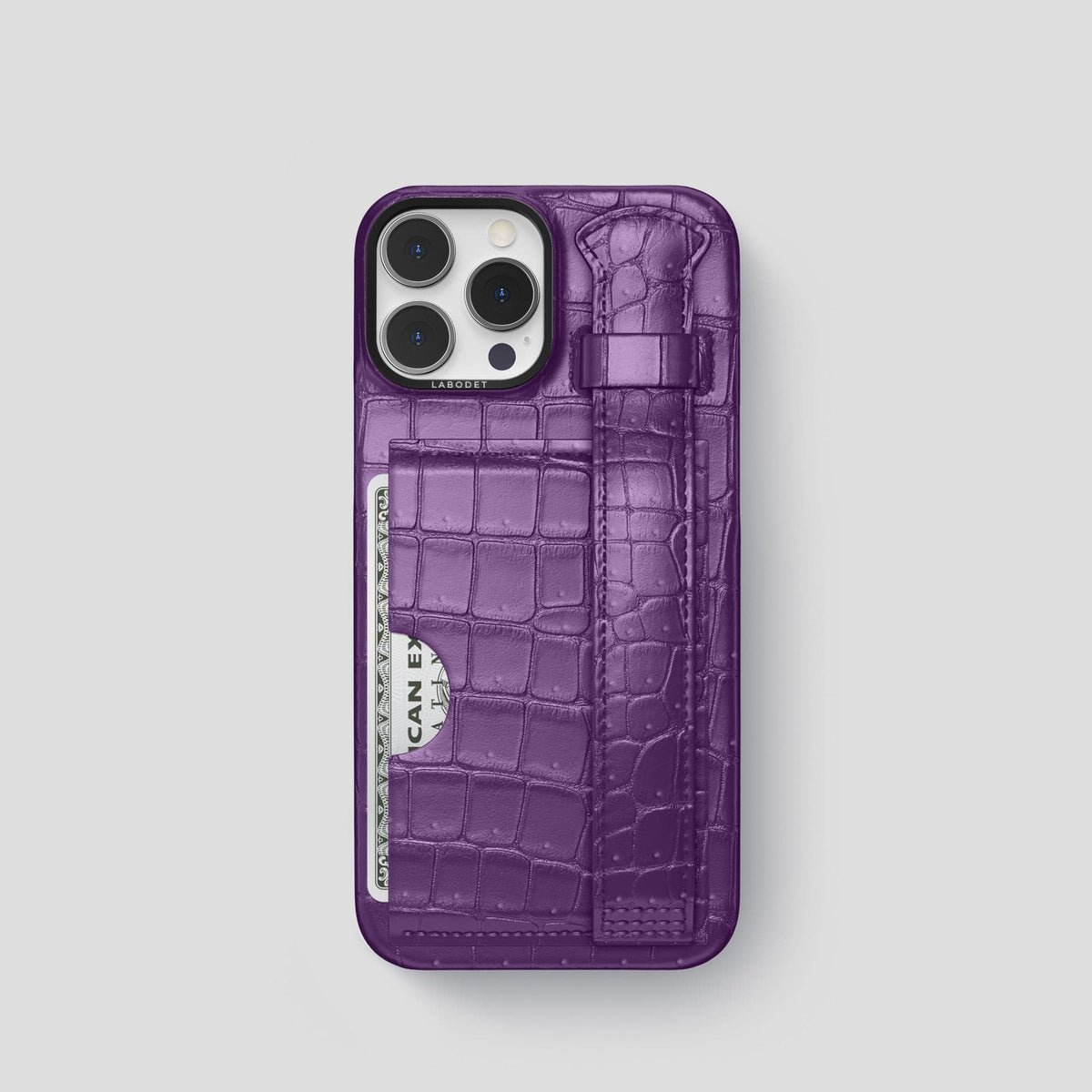 Purple iPhone 15 Pro Cardholder Strap Case Porosus Crocodile with Black Metal -1 | Purple-Black