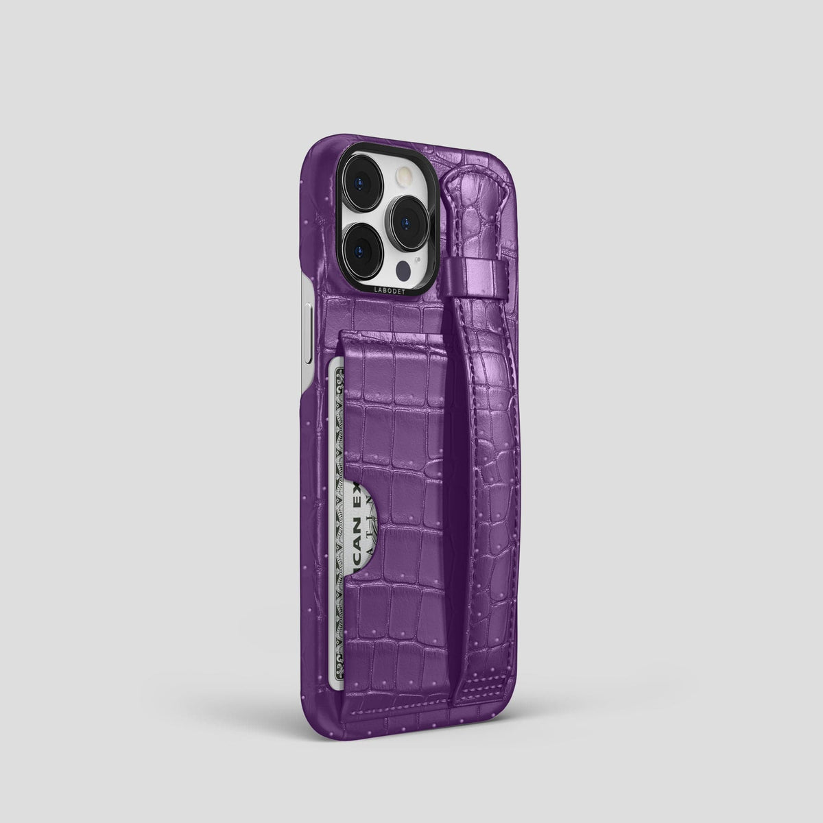 Purple iPhone 15 Pro Cardholder Strap Case Porosus Crocodile with Black Metal -2 | Purple-Black