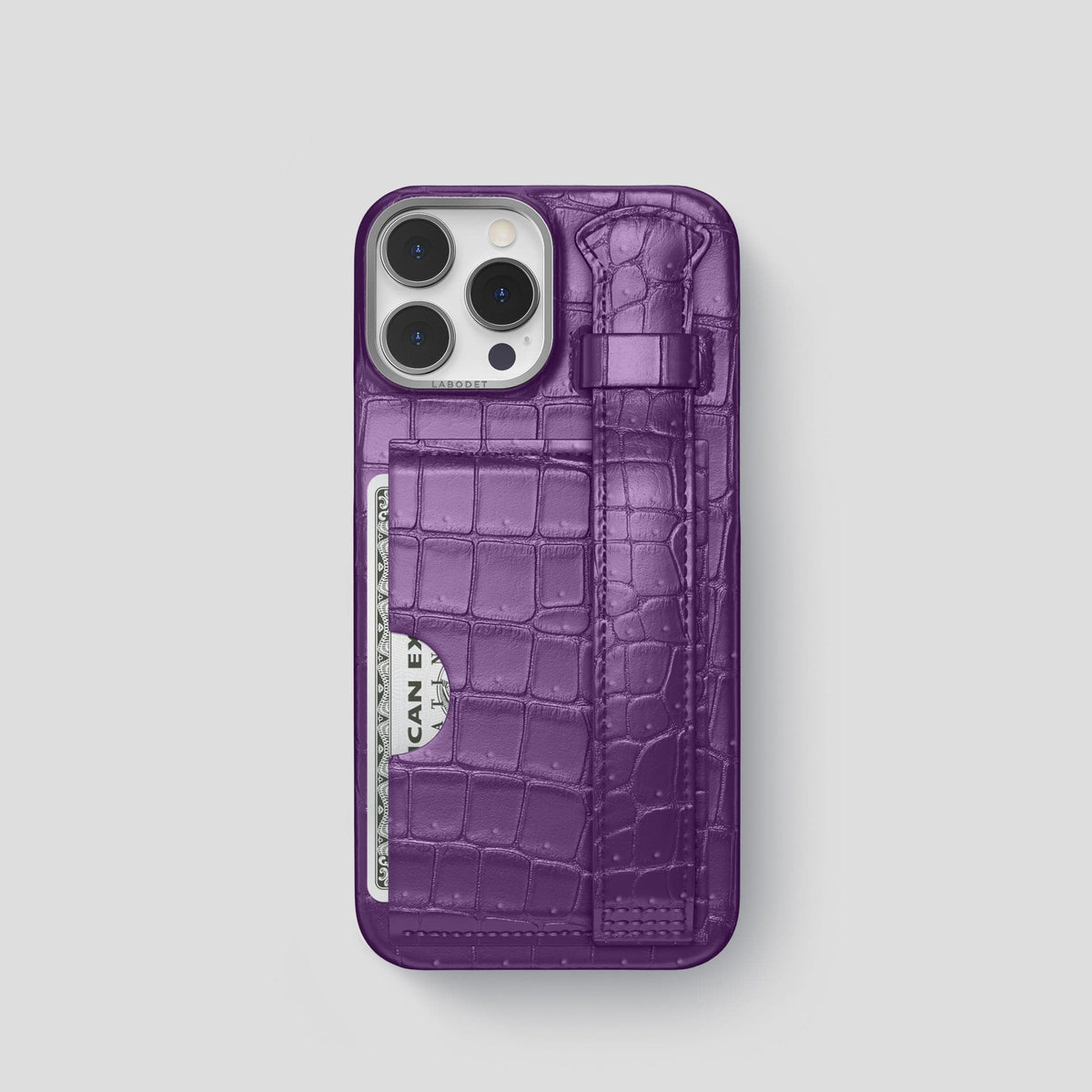 Purple iPhone 15 Pro Cardholder Strap Case Porosus Crocodile with Steel Metal -1 | Purple-Steel