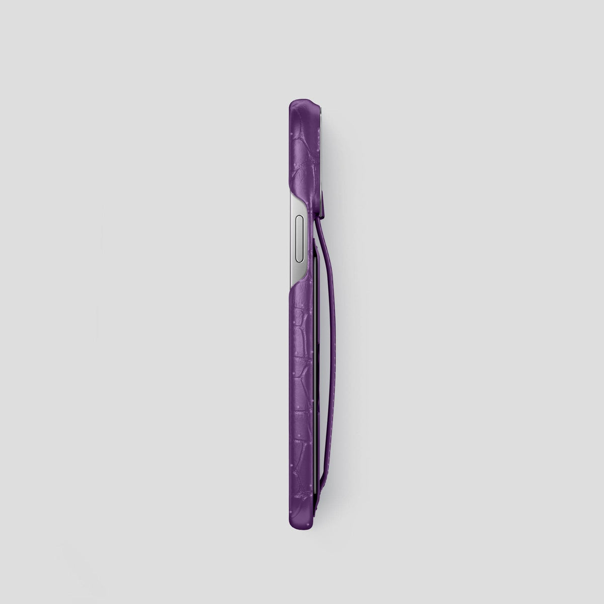 Purple iPhone 15 Pro Cardholder Strap Case Porosus Crocodile with Steel Metal -3 | Purple-Steel