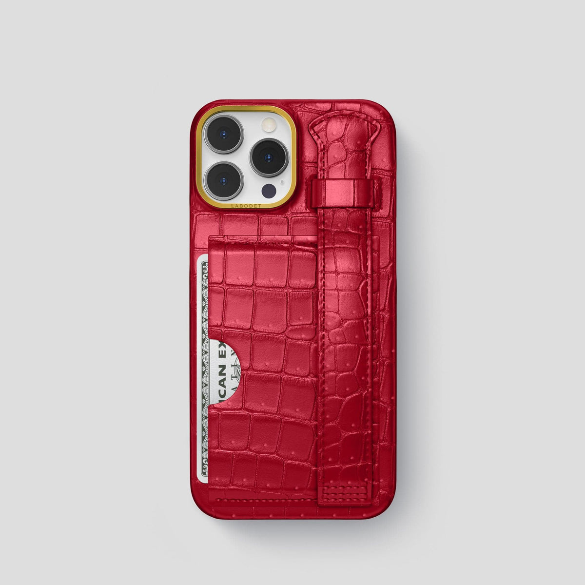 Burgundy iPhone 15 Pro Cardholder Strap Case Porosus Crocodile with Gold Metal -1 | Burgundy-Gold