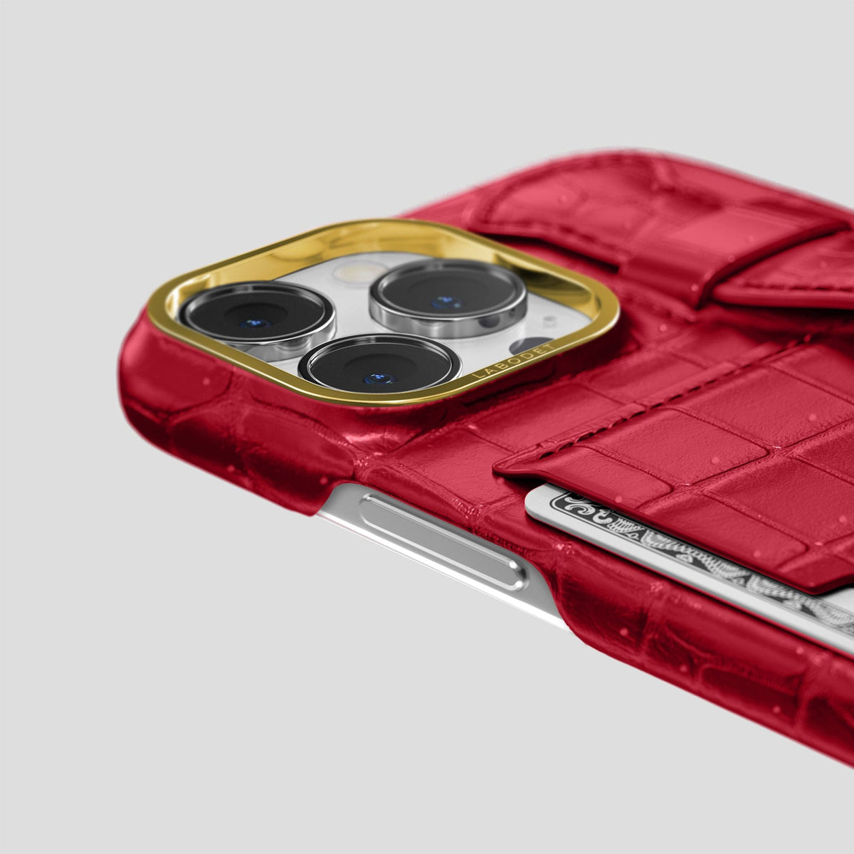 Burgundy iPhone 15 Pro Cardholder Strap Case Porosus Crocodile with Gold Metal -5 | Burgundy-Gold