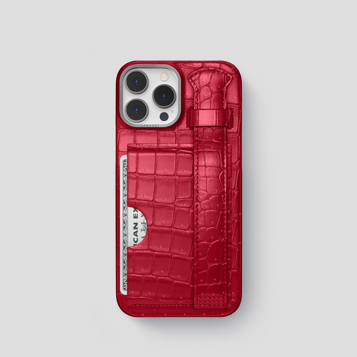 Burgundy iPhone 15 Pro Cardholder Strap Case Porosus Crocodile with Steel Metal -1 | Burgundy-Steel