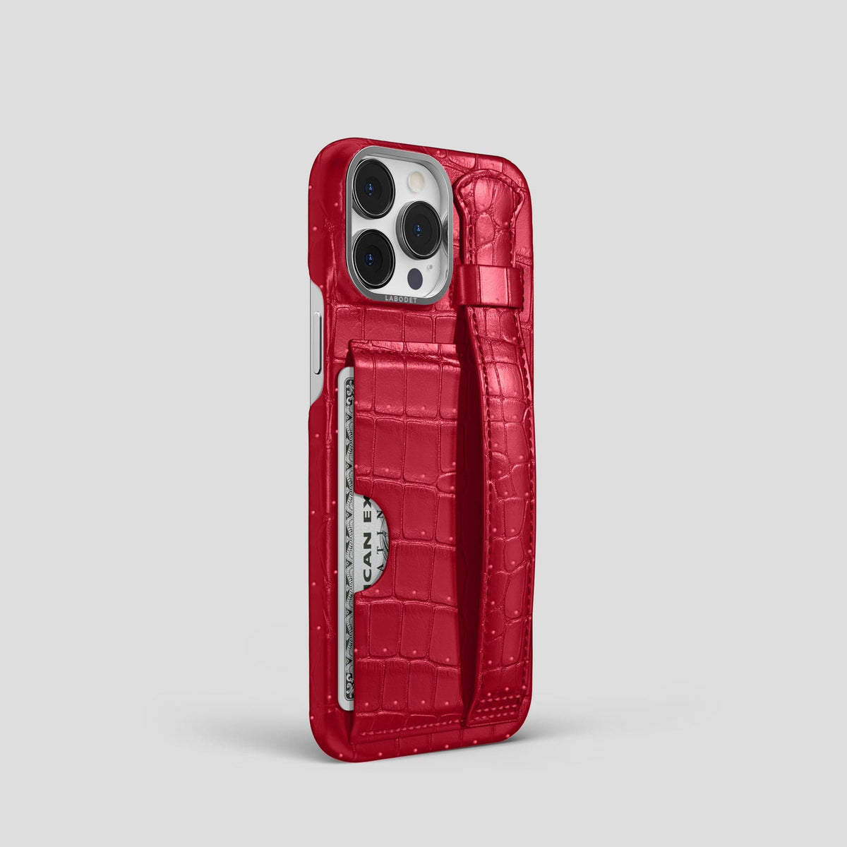 Burgundy iPhone 15 Pro Cardholder Strap Case Porosus Crocodile with Steel Metal -2 | Burgundy-Steel
