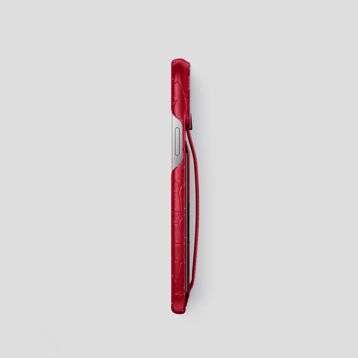 Burgundy iPhone 15 Pro Cardholder Strap Case Porosus Crocodile with Steel Metal -3 | Burgundy-Steel