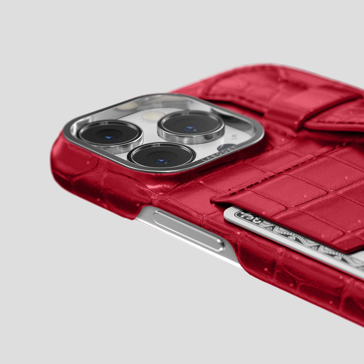 Burgundy iPhone 15 Pro Cardholder Strap Case Porosus Crocodile with Steel Metal -5 | Burgundy-Steel