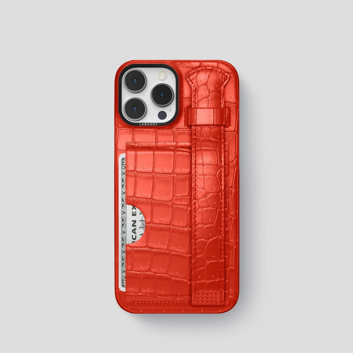 Rust iPhone 15 Pro Cardholder Strap Case Porosus Crocodile with Black Metal -1 | Rust-Black