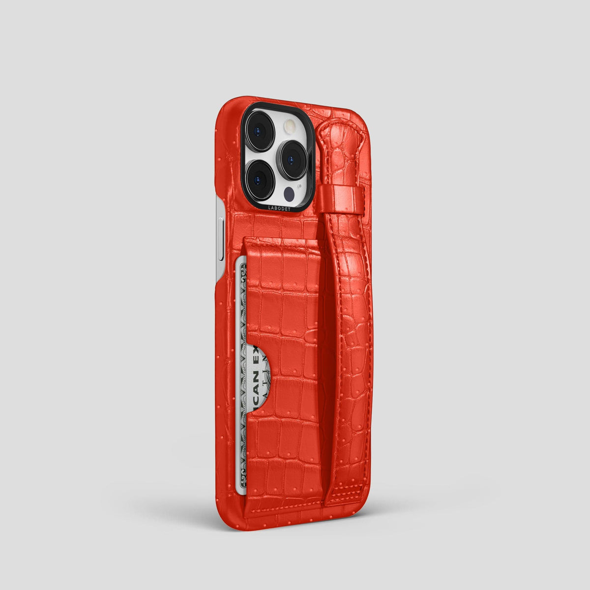 Rust iPhone 15 Pro Cardholder Strap Case Porosus Crocodile with Black Metal -2 | Rust-Black