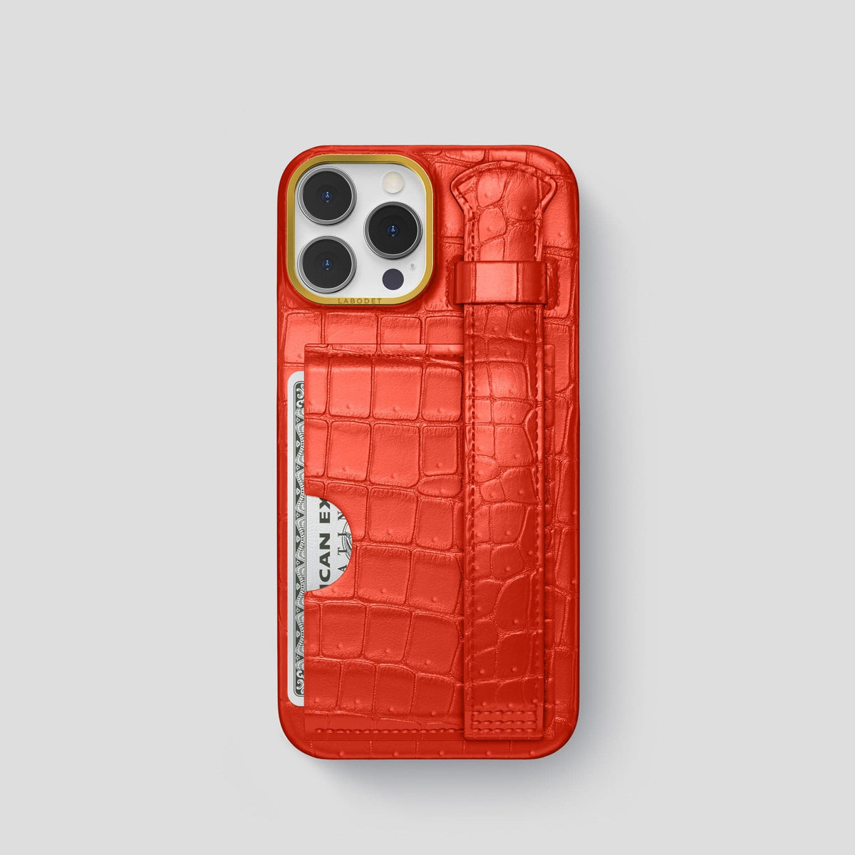 Rust iPhone 15 Pro Cardholder Strap Case Porosus Crocodile with Gold Metal -1 | Rust-Gold