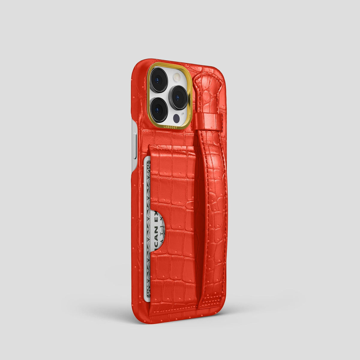 Rust iPhone 15 Pro Cardholder Strap Case Porosus Crocodile with Gold Metal -2 | Rust-Gold