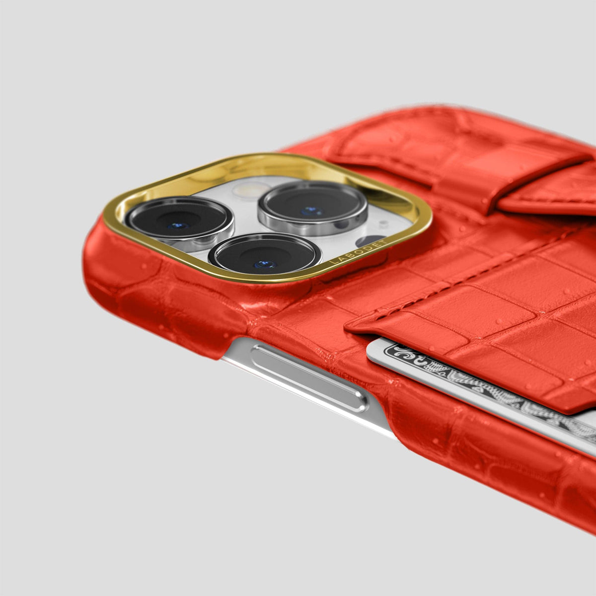 Rust iPhone 15 Pro Cardholder Strap Case Porosus Crocodile with Gold Metal -5 | Rust-Gold