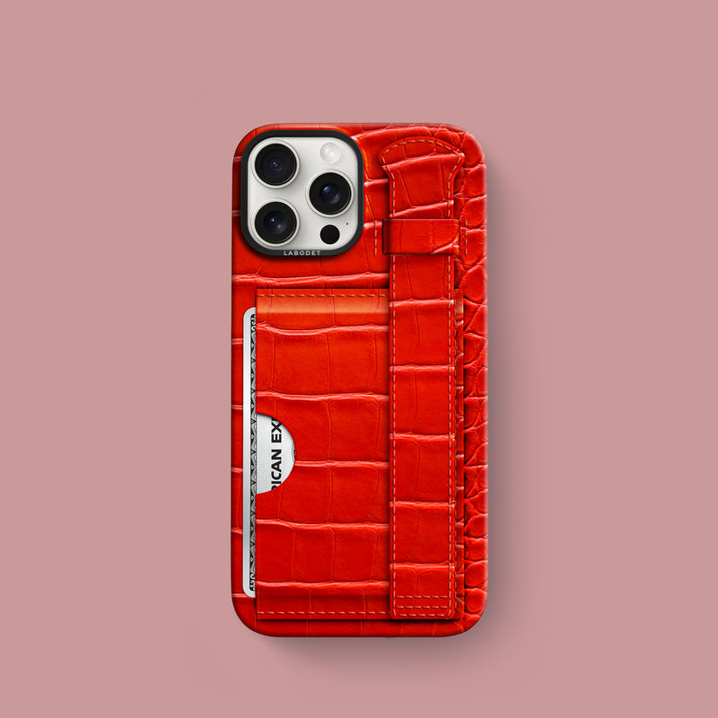 iPhone 16 Pro Cardholder Strap Case 1/1 Deep Coral Alligator with Black Metal -1 | Deep-Coral-Black