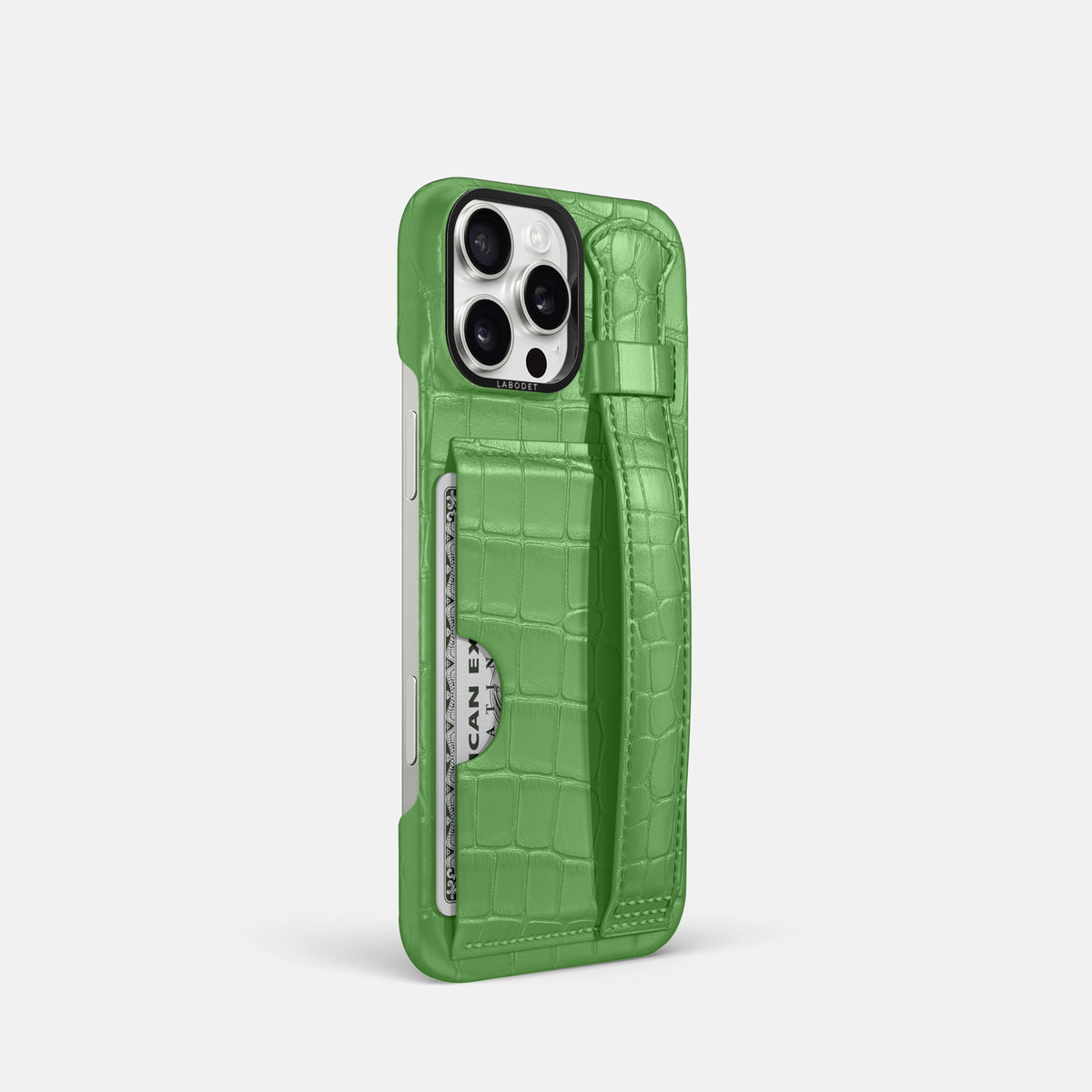 Apple-Green iPhone 16 Pro Cardholder Strap Case Alligator with Black Metal -2 | Apple-Green-Black