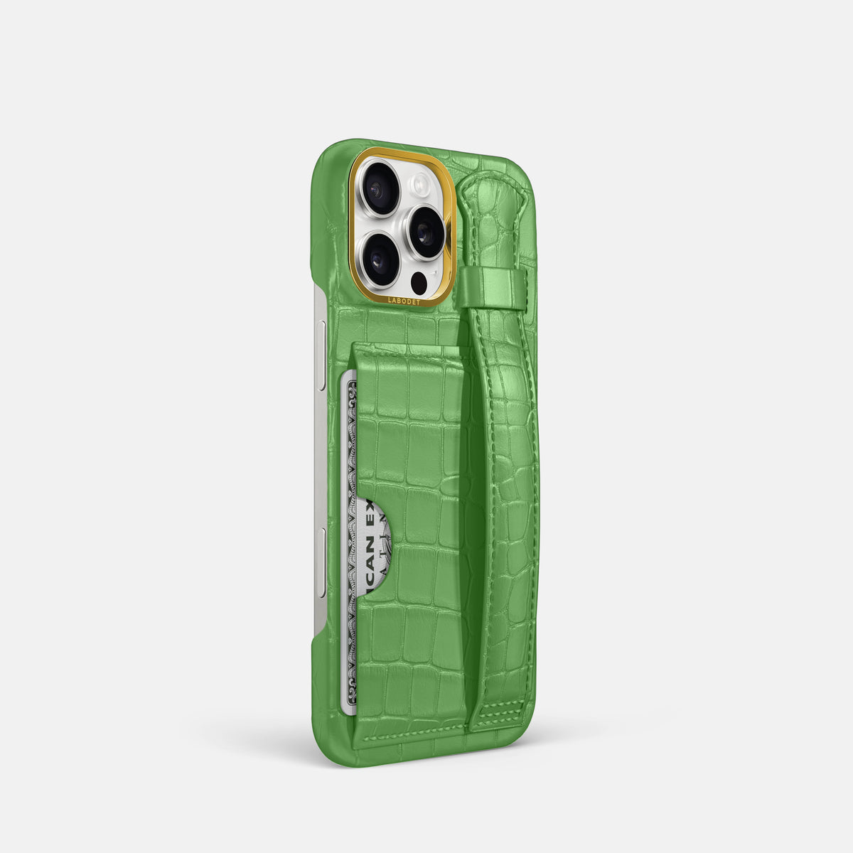Apple-Green iPhone 16 Pro Cardholder Strap Case In Alligator with Gold Metal -2 | Apple-Green-Gold