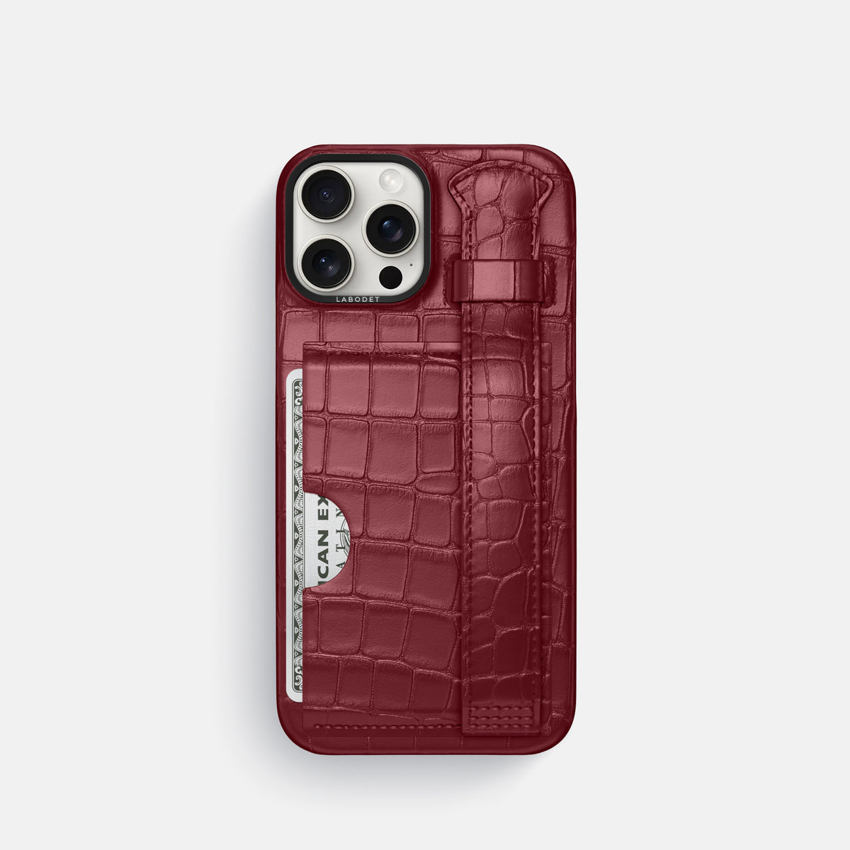 Burgundy iPhone 16 Pro Cardholder Strap Case Alligator with Black Metal -1 | Burgundy-Black
