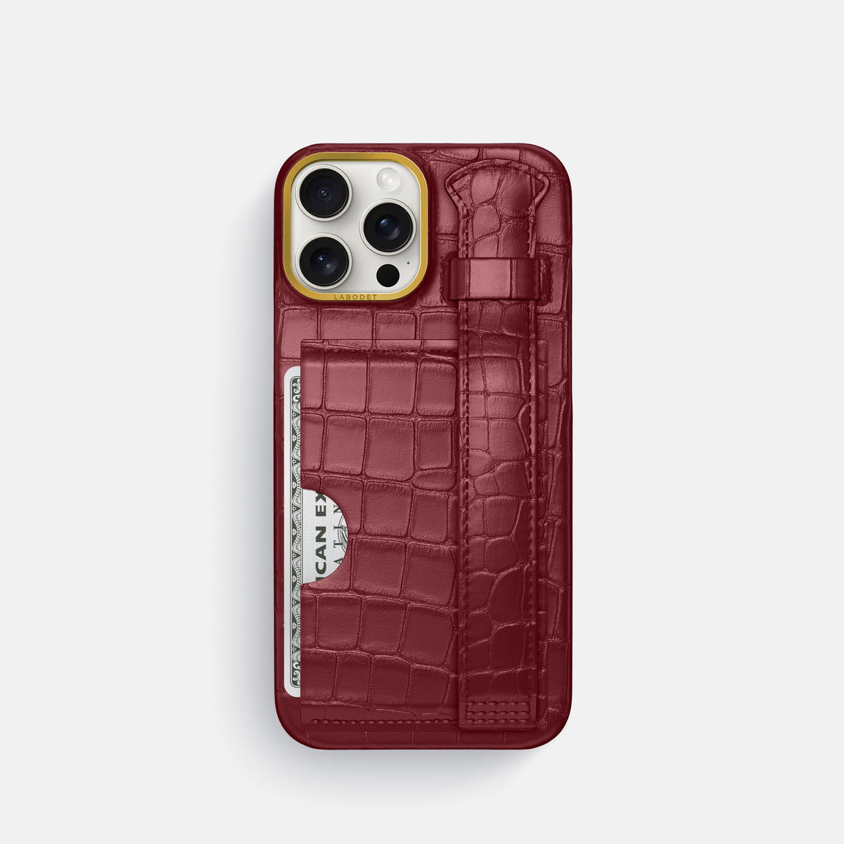 Burgundy iPhone 16 Pro Cardholder Strap Case In Alligator with Gold Metal -1 | Burgundy-Gold