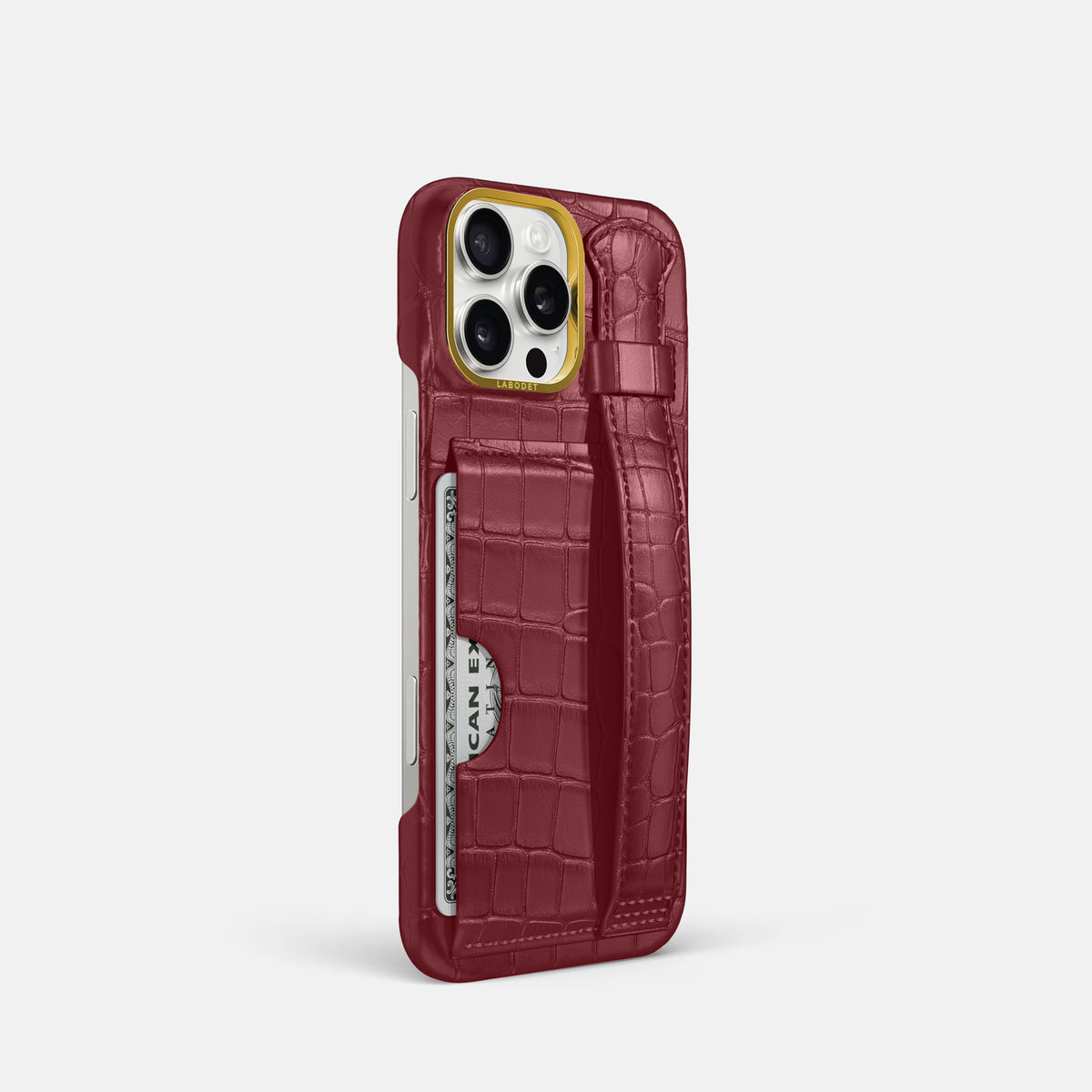 Burgundy iPhone 16 Pro Cardholder Strap Case In Alligator with Gold Metal -2 | Burgundy-Gold