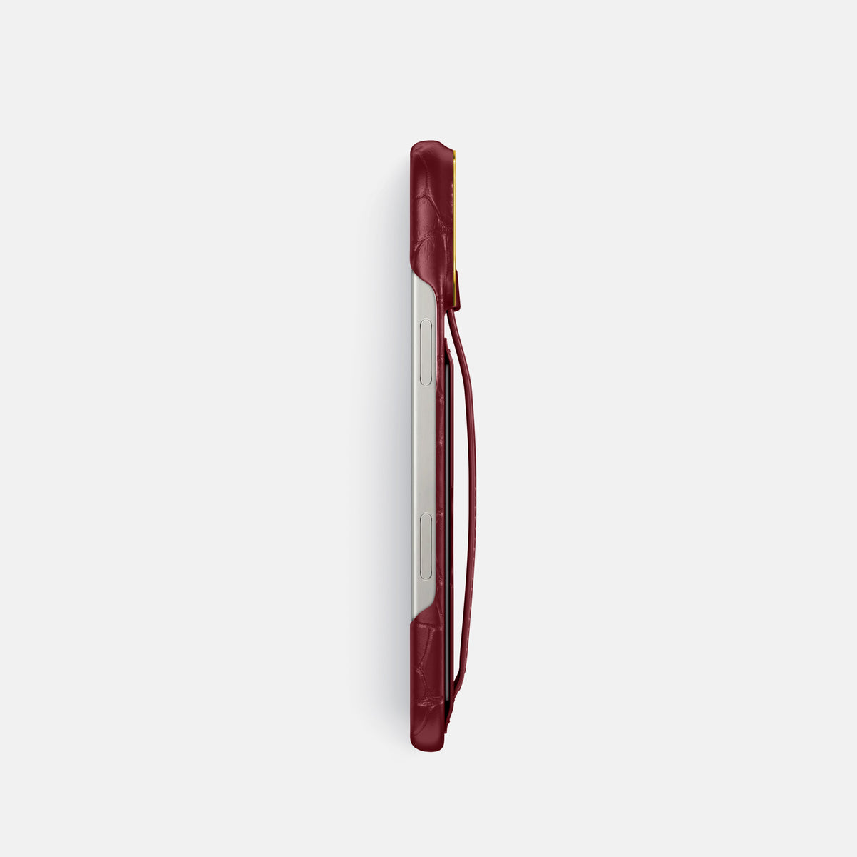 Burgundy iPhone 16 Pro Cardholder Strap Case In Alligator with Gold Metal -3 | Burgundy-Gold