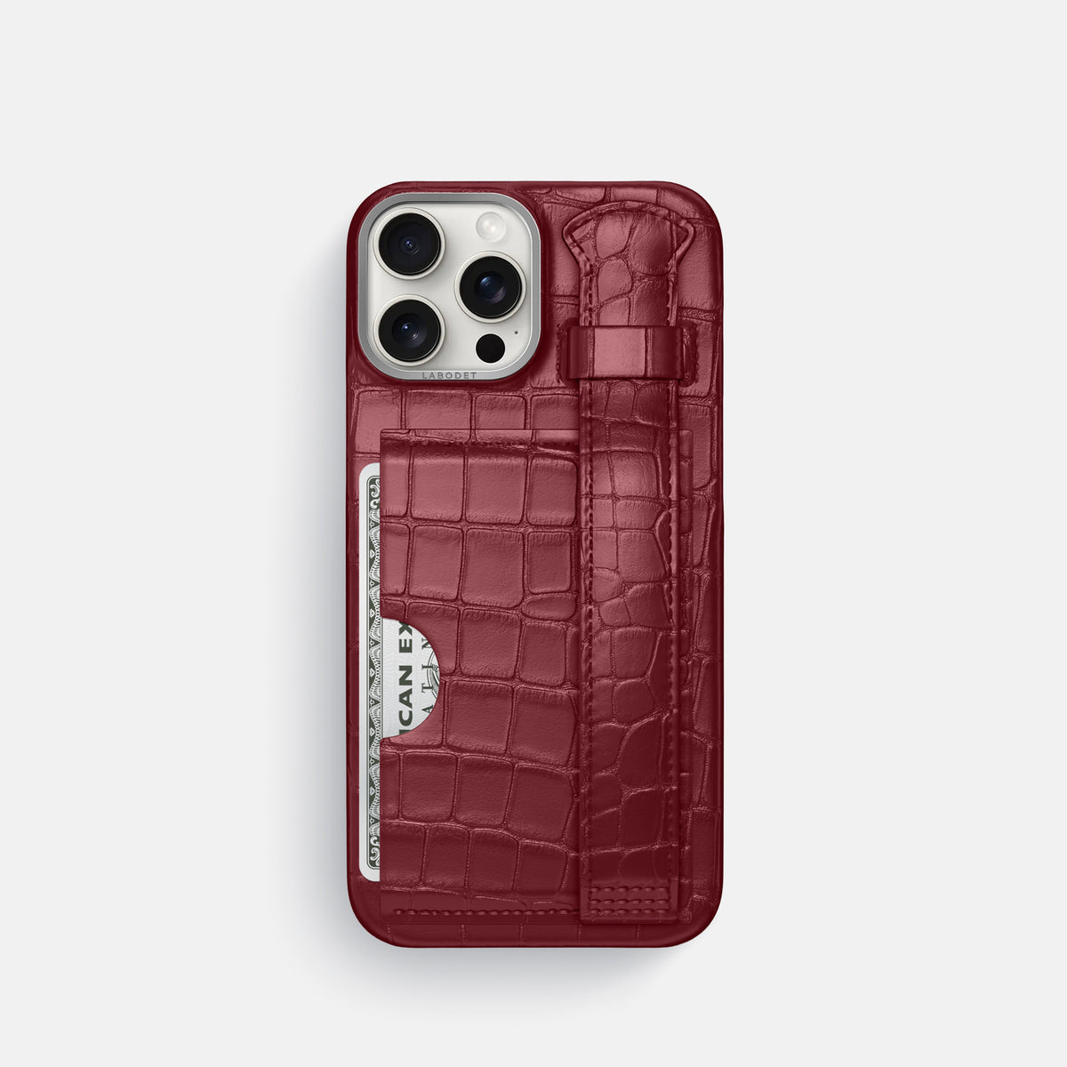 Burgundy iPhone 16 Pro Cardholder Strap Case Alligator with Steel Metal -1 | Burgundy-Steel