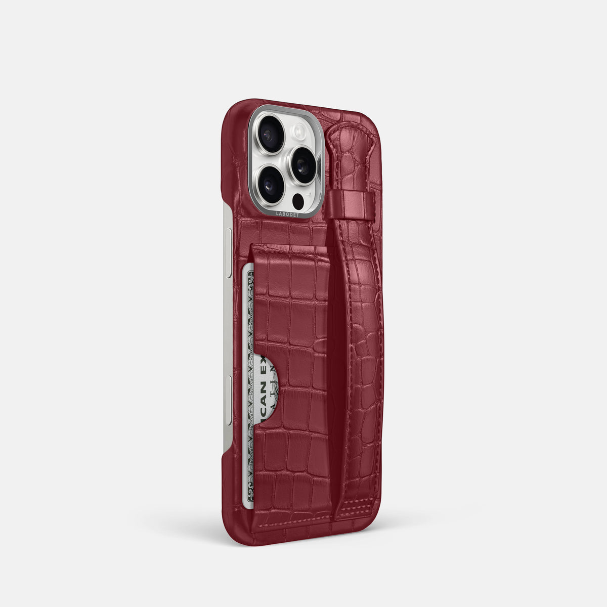 Burgundy iPhone 16 Pro Cardholder Strap Case Alligator with Steel Metal -2 | Burgundy-Steel
