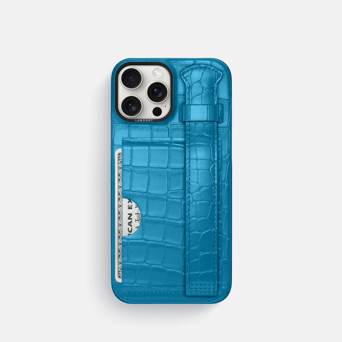 Curaçao-Blue iPhone 16 Pro Cardholder Strap Case Alligator with Black Metal -1 | Curaçao-Blue-Black