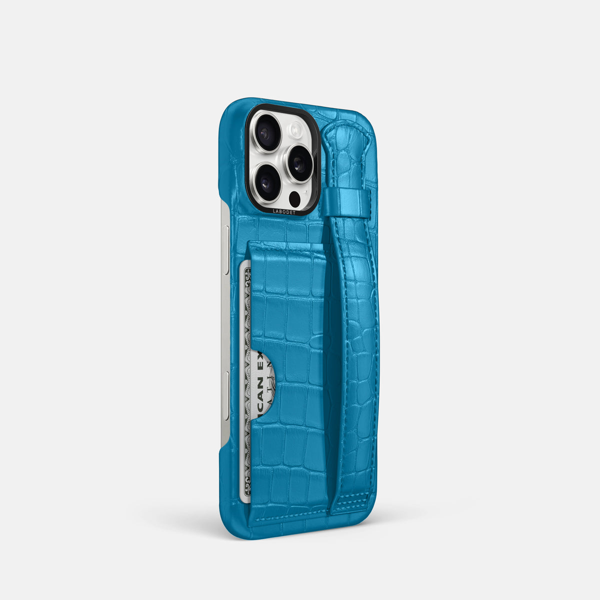 Curaçao-Blue iPhone 16 Pro Cardholder Strap Case Alligator with Black Metal -2 | Curaçao-Blue-Black