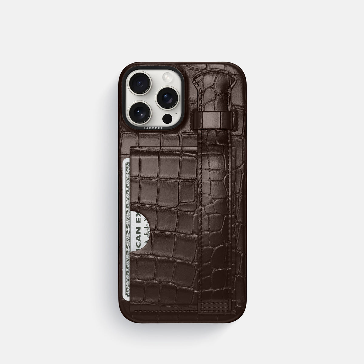 Dark-Brown iPhone 16 Pro Cardholder Strap Case Alligator with Black Metal -1 | Dark-Brown-Black