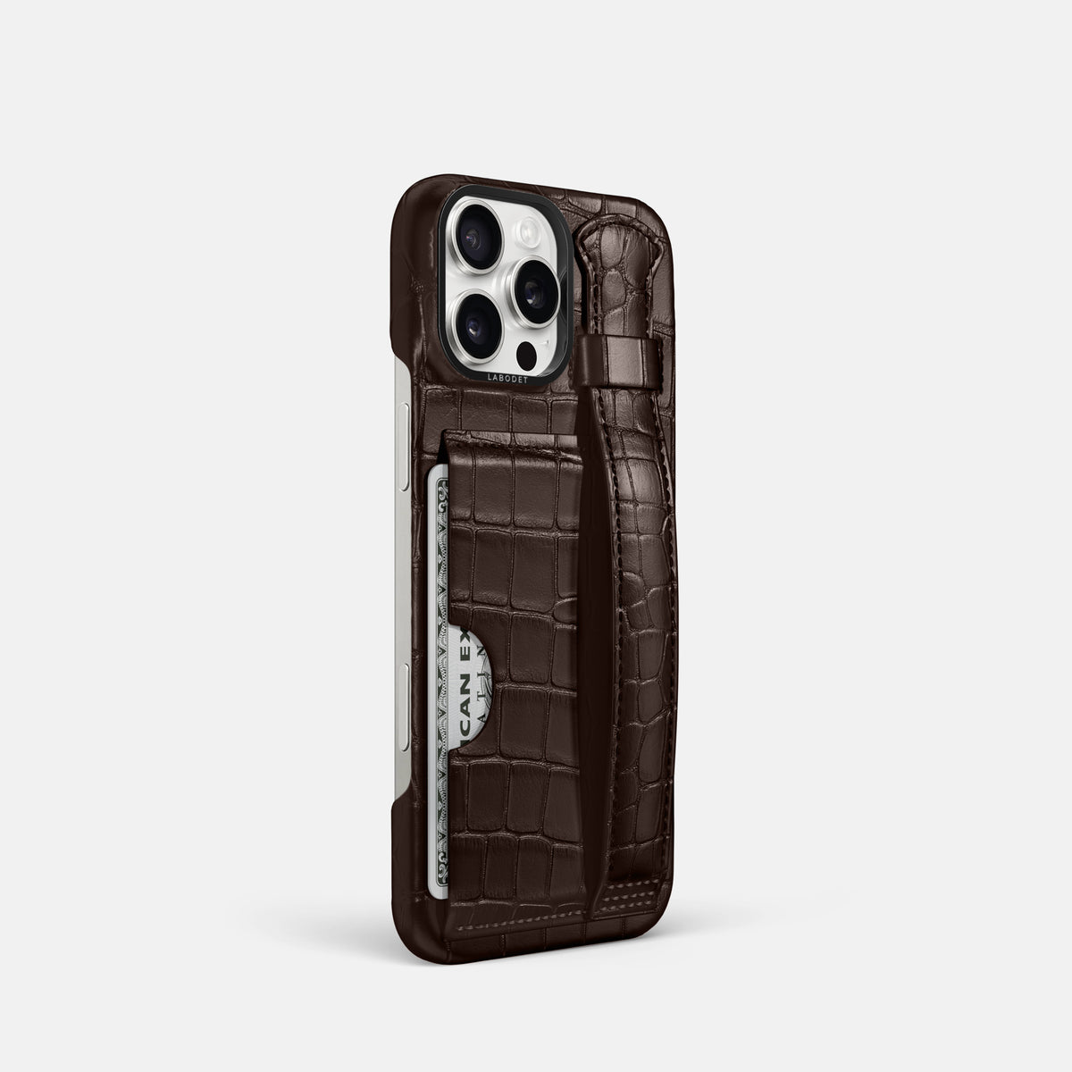 Dark-Brown iPhone 16 Pro Cardholder Strap Case Alligator with Black Metal -2 | Dark-Brown-Black