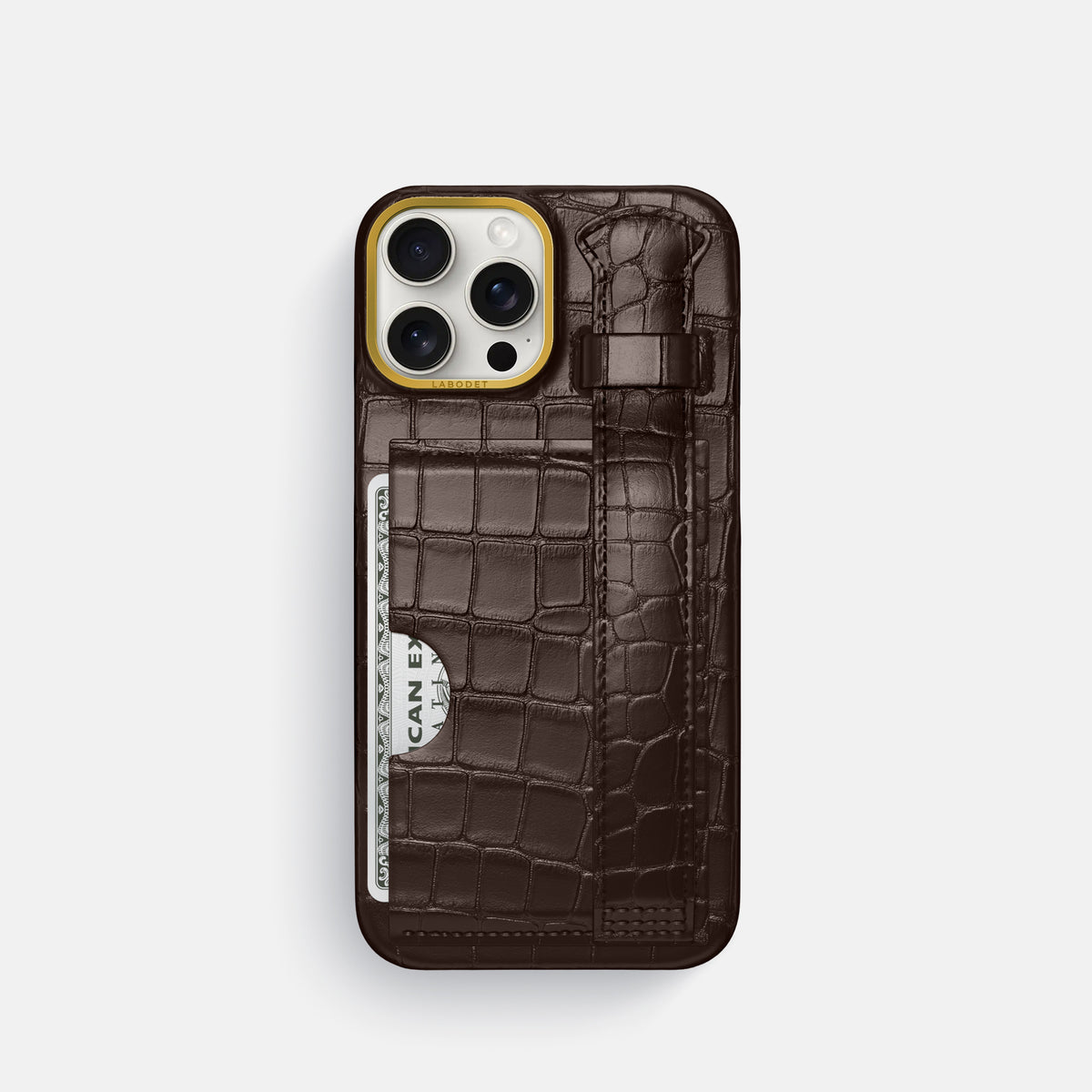 Dark-Brown iPhone 16 Pro Cardholder Strap Case In Alligator with Gold Metal -1 | Dark-Brown-Gold